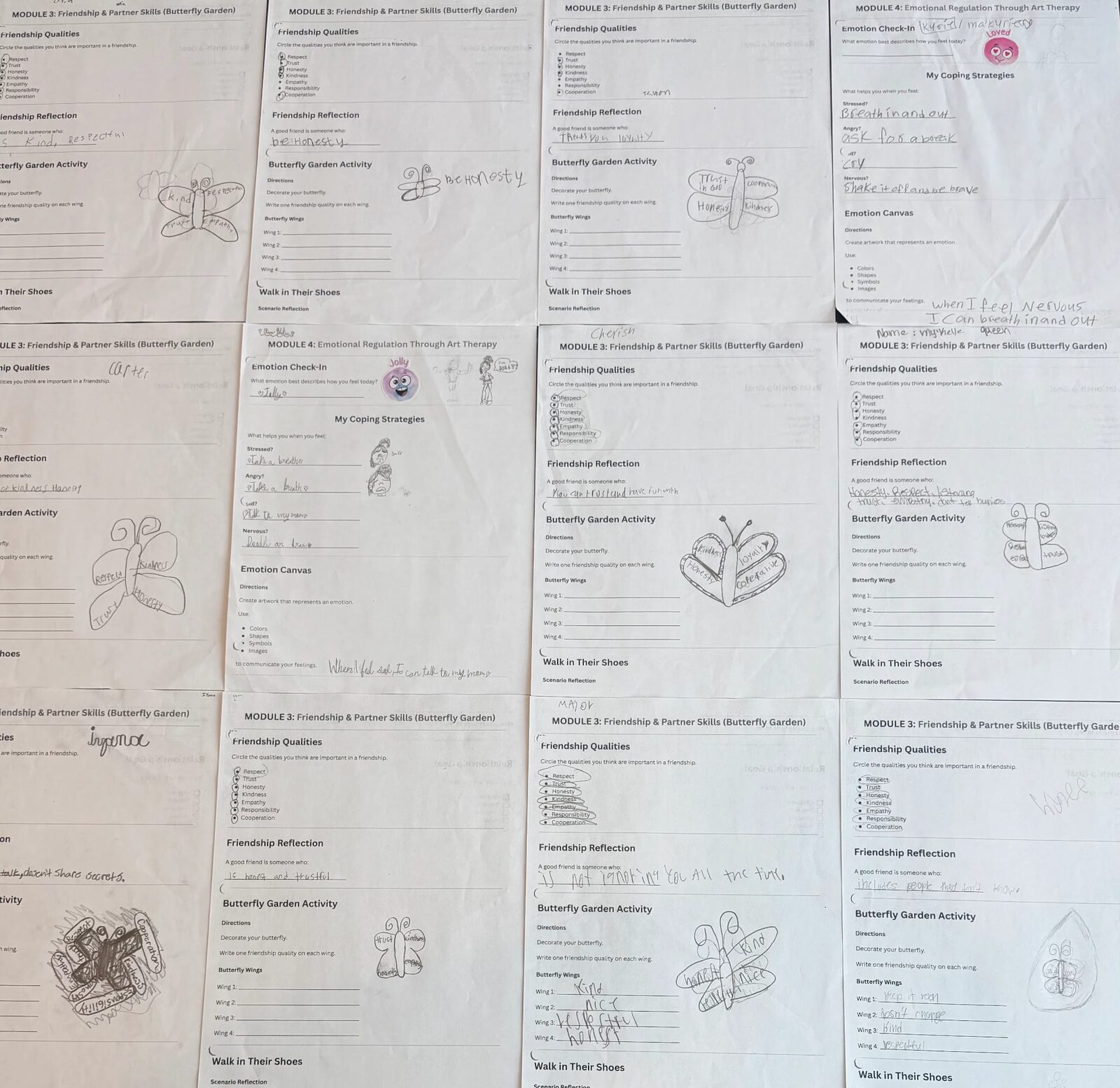 Completed friendship skills and emotional regulation worksheets from AOAUS modules